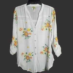 Fig & Flower Bohemian Floral Embroidered Sheer Tabbed Sleeve Blouse - Size L